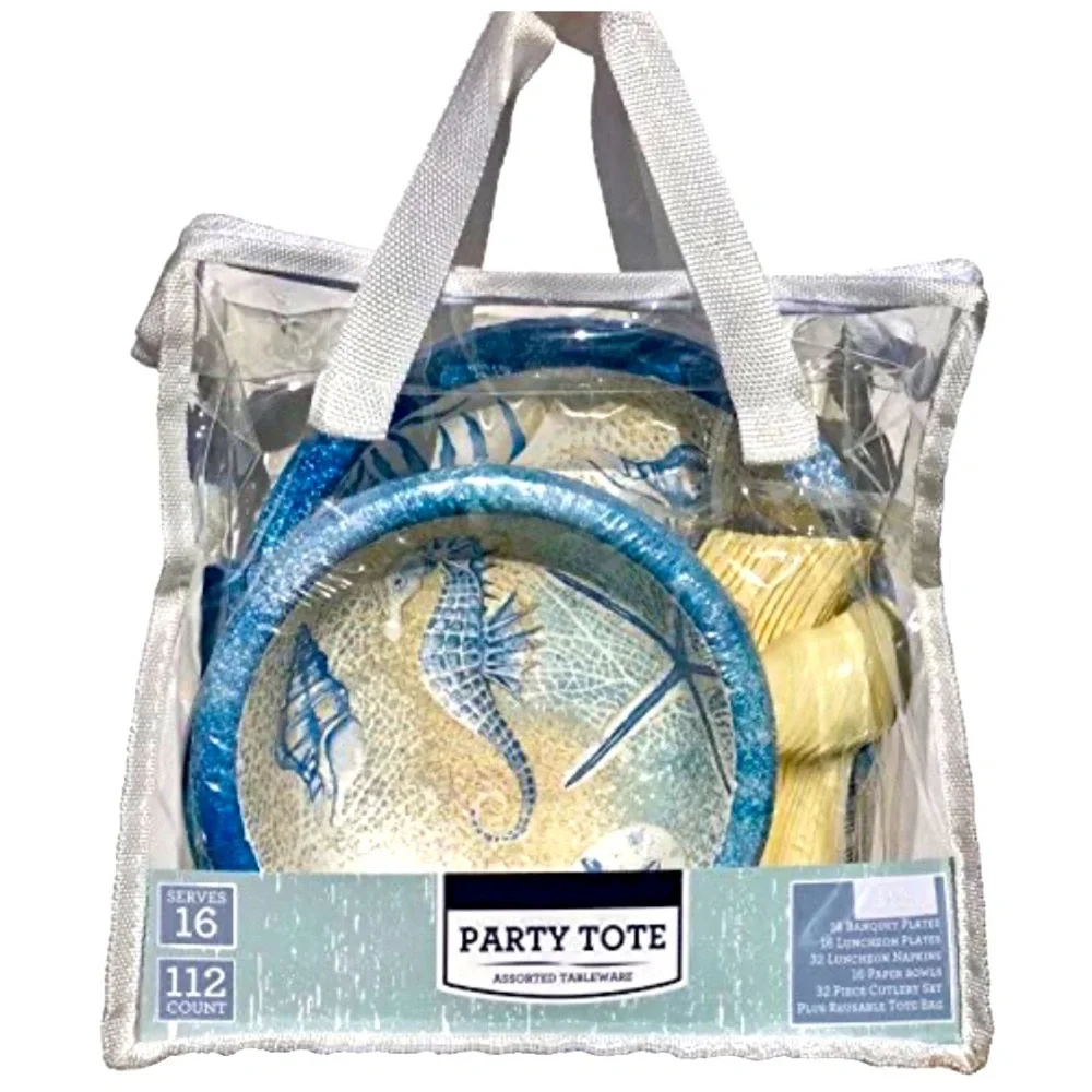 Blue Coastal Mosiac Party Tote w/Tableware, Plates-Napkins-Cutlery, Serves 16